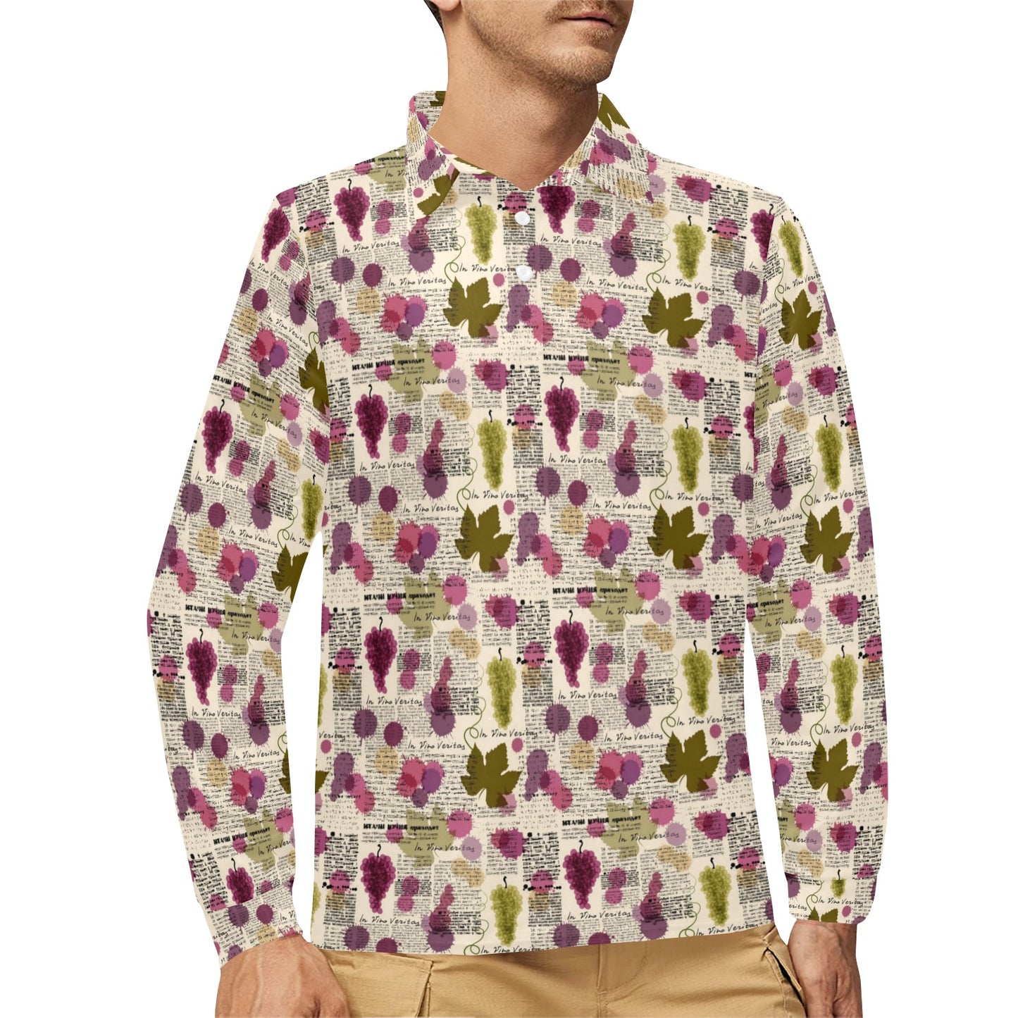Wine Style Design Print Long Sleeve Polo Shirt For Men's