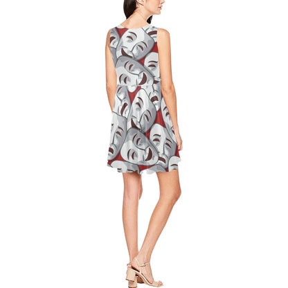 Acting Mask Pattern Print Design 01 Sleeveless Dress