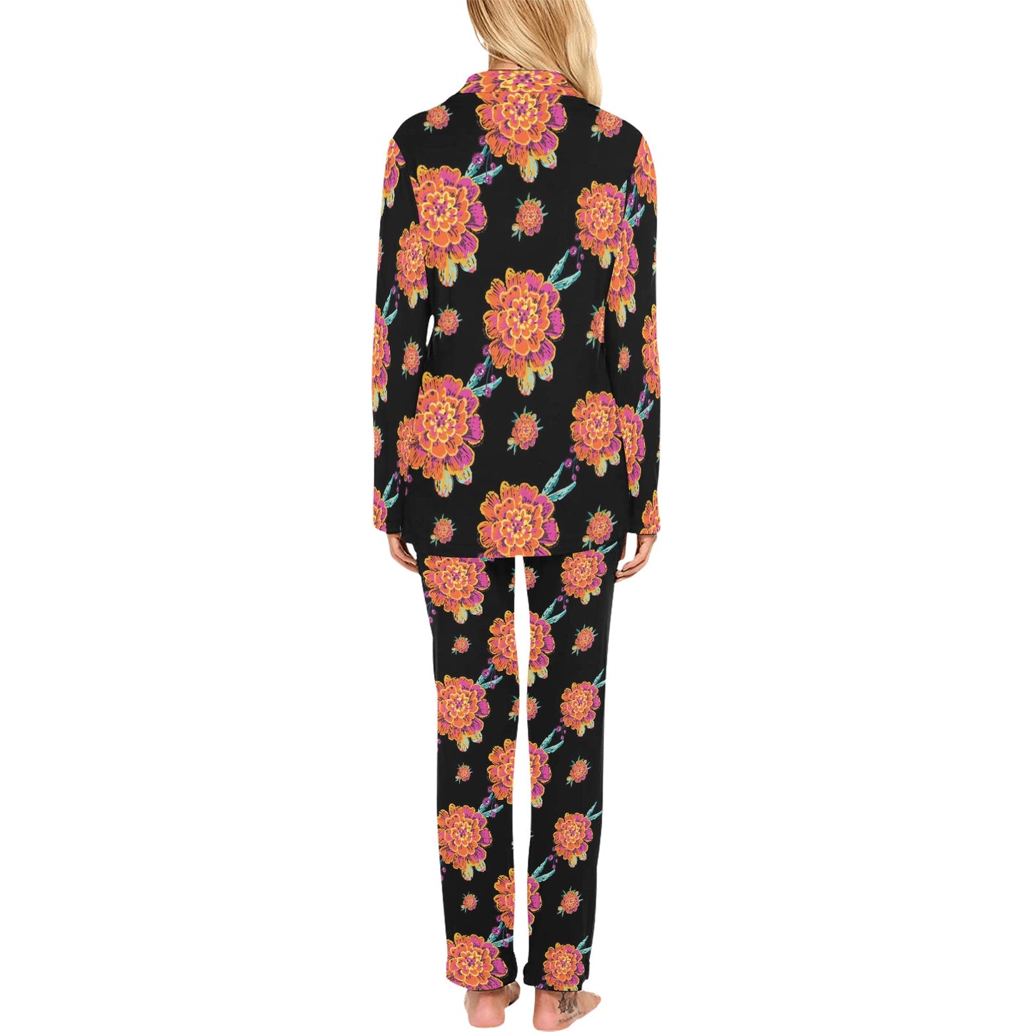 Marigold Pattern Print Design 01 Women's Long Pajama Set