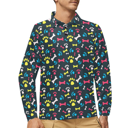 Paw Design Print Long Sleeve Polo Shirt For Men's