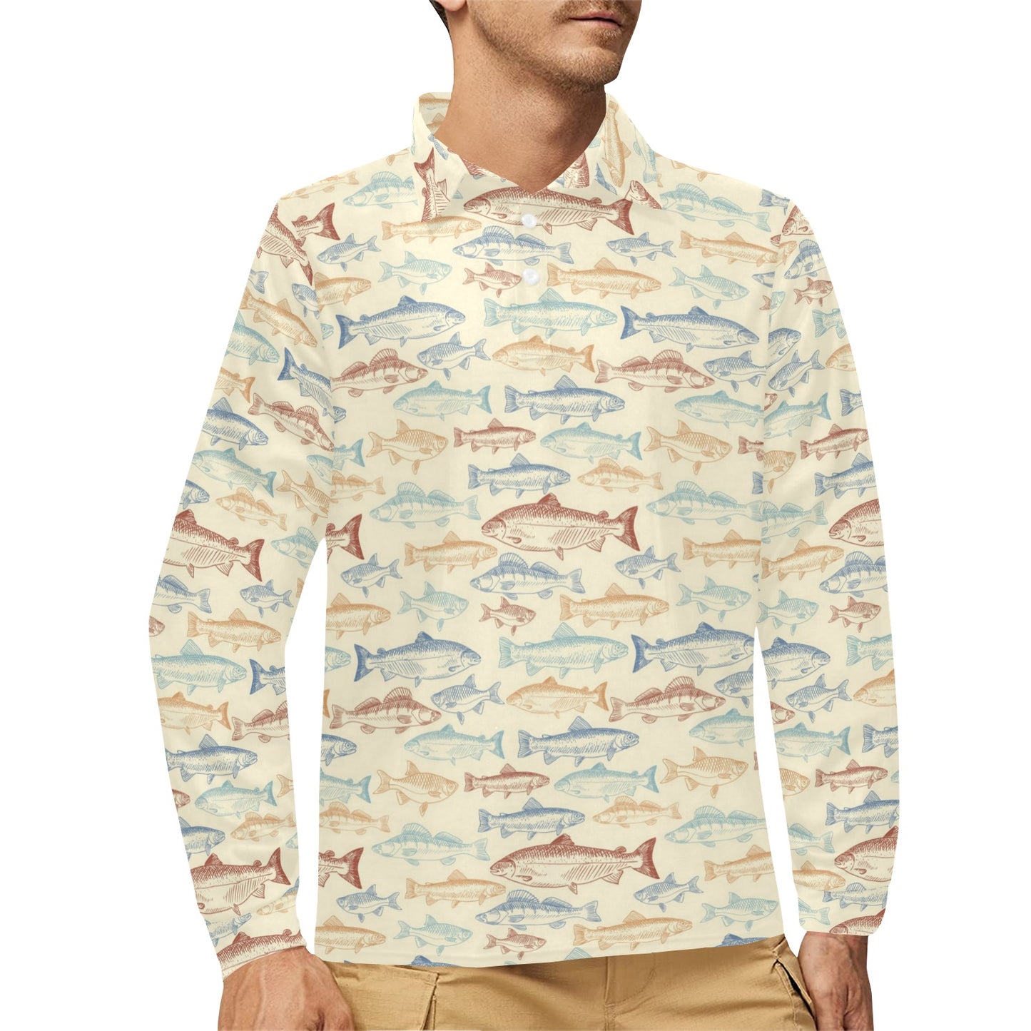 Salmon Fish Print Design LKS302 Long Sleeve Polo Shirt For Men's