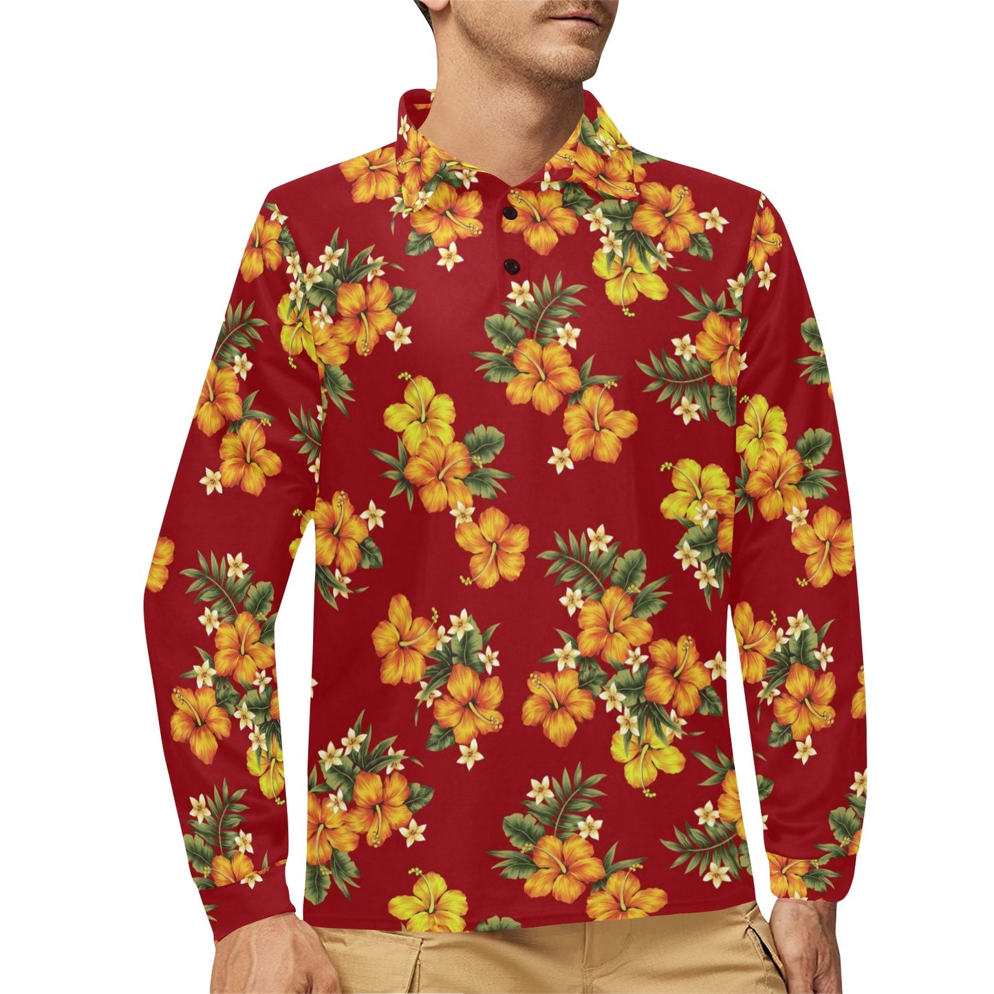 Orange Hibiscus Pattern Print Design HB026 Long Sleeve Polo Shirt For Men's