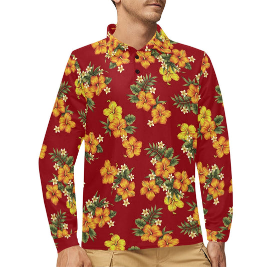 Orange Hibiscus Pattern Print Design HB026 Long Sleeve Polo Shirt For Men's