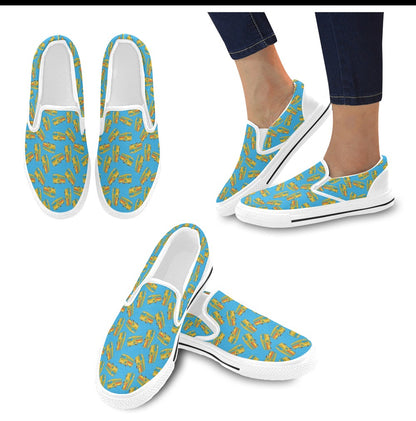 School Bus Print Design LKS302 White Slip Ons Canvas Women's Shoes