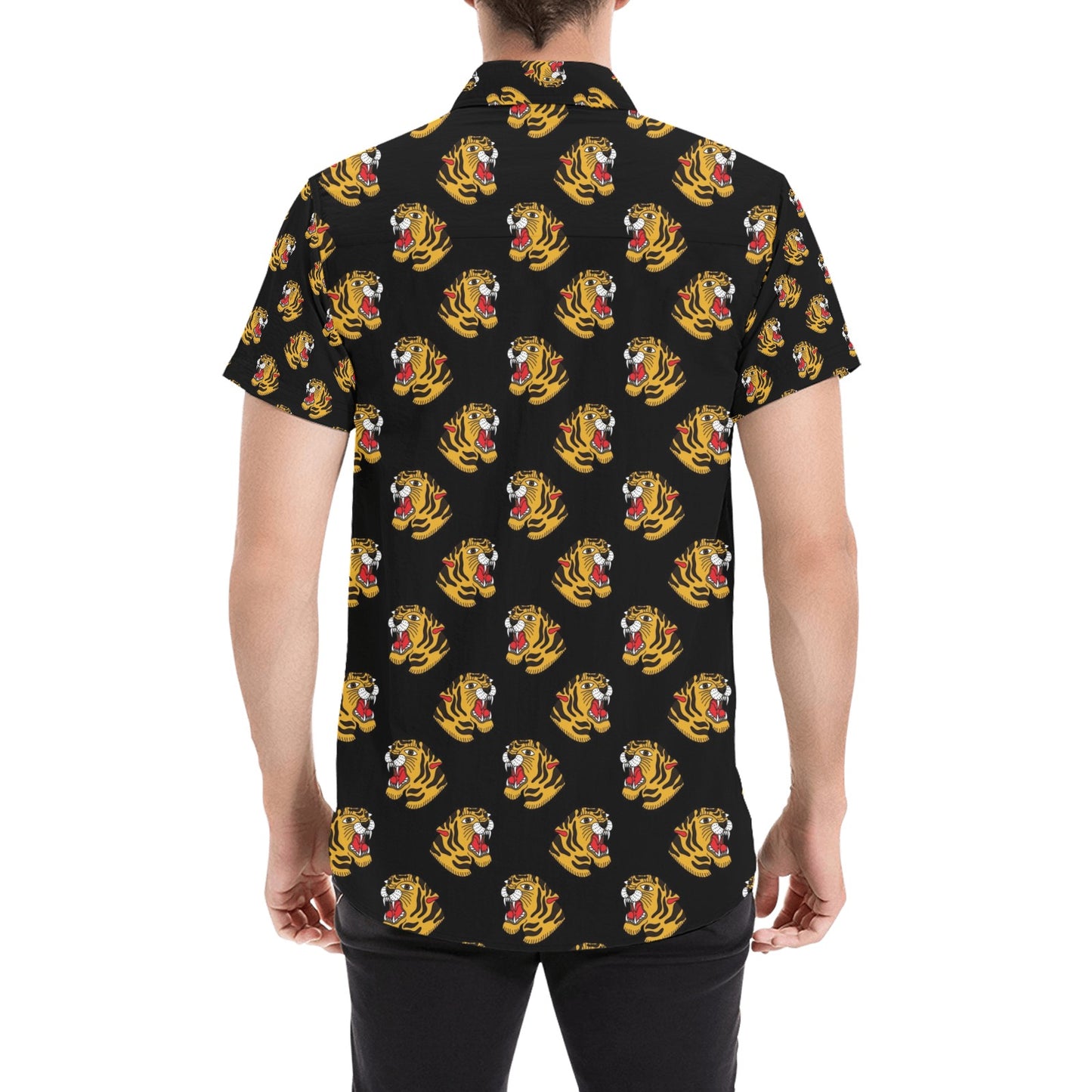 Tiger Head Print Design LKS306 Men Short Sleeve Button Up Shirt