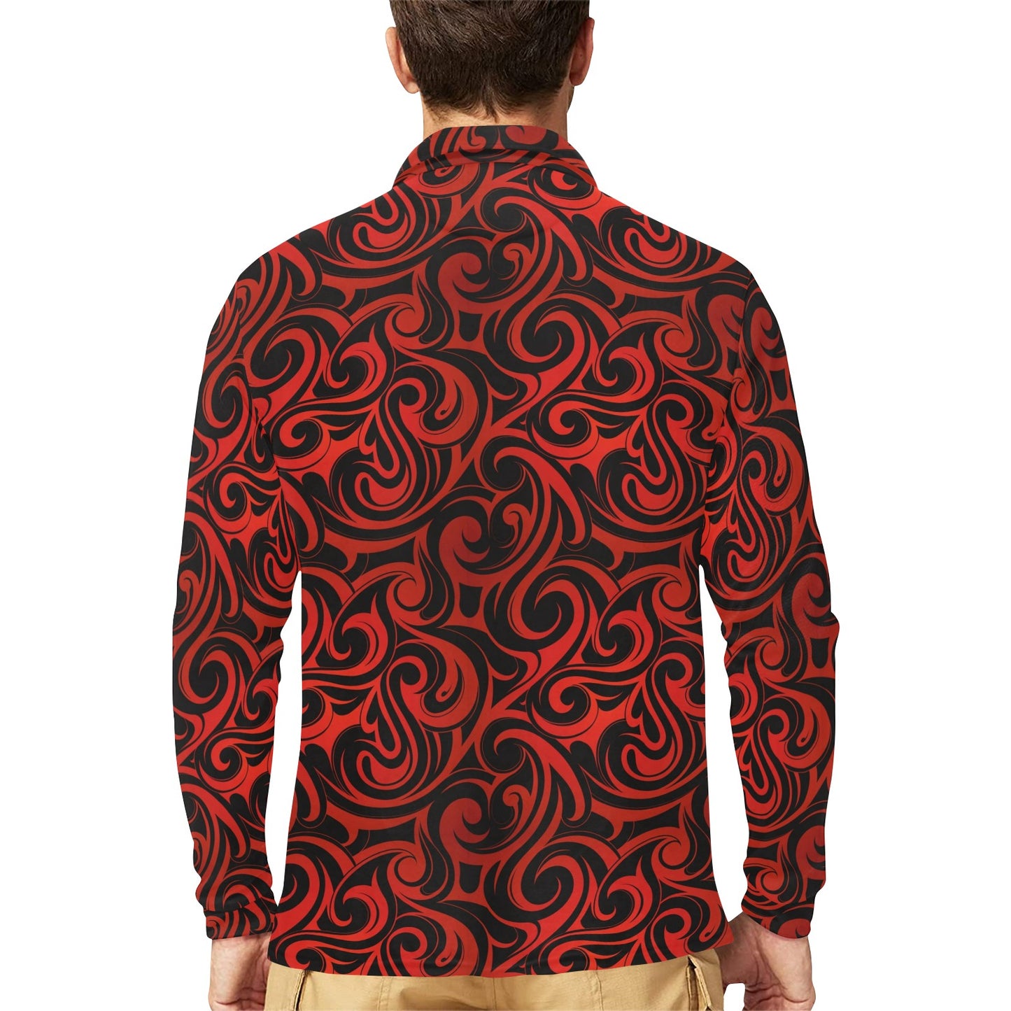 Maori Red Black Themed Design Long Sleeve Polo Shirt For Men's
