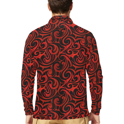 Maori Red Black Themed Design Long Sleeve Polo Shirt For Men's