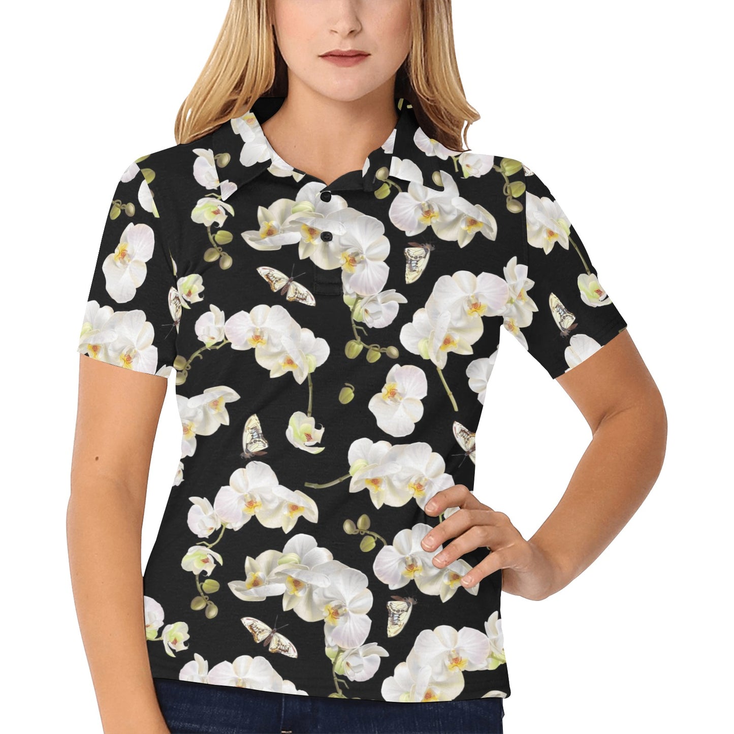 Orchid White Pattern Print Design OR011 Women's Polo Shirt