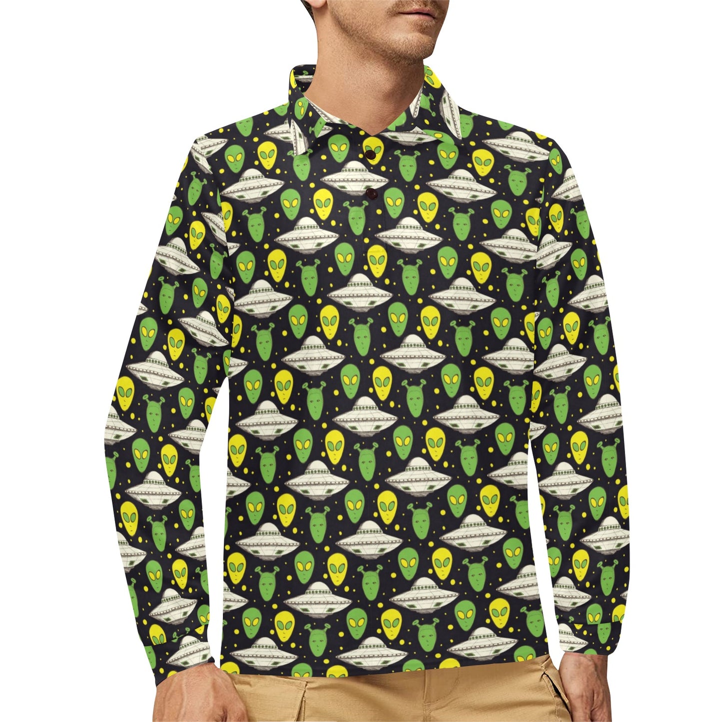 Alien UFO Pattern Long Sleeve Polo Shirt For Men's
