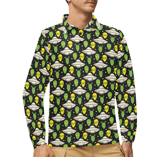 Alien UFO Pattern Long Sleeve Polo Shirt For Men's