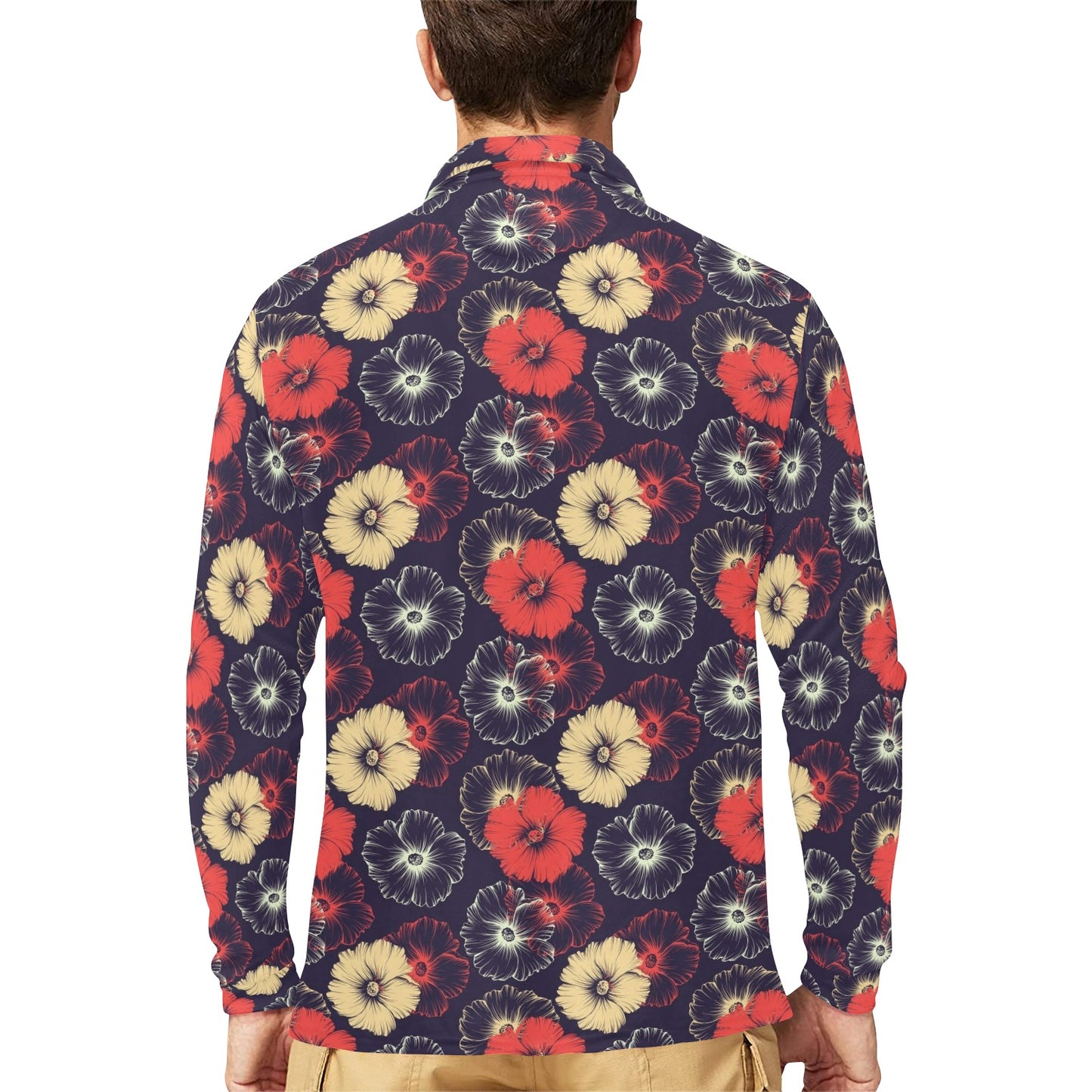 Tropical Flower Print Design LKS302 Long Sleeve Polo Shirt For Men's