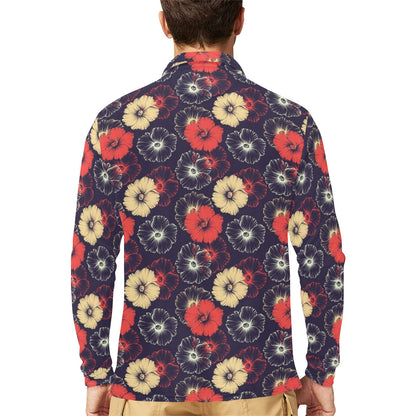 Tropical Flower Print Design LKS302 Long Sleeve Polo Shirt For Men's