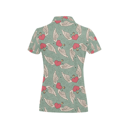 Angel Wings Heart Design Themed Print Women's Polo Shirt