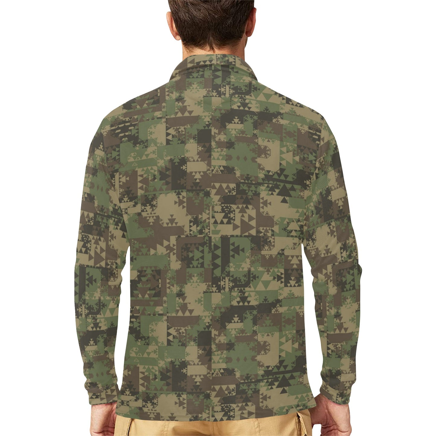 Camouflage Aztec Green Army Print Long Sleeve Polo Shirt For Men's