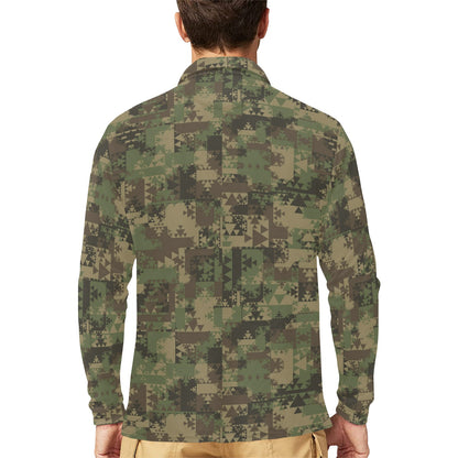 Camouflage Aztec Green Army Print Long Sleeve Polo Shirt For Men's