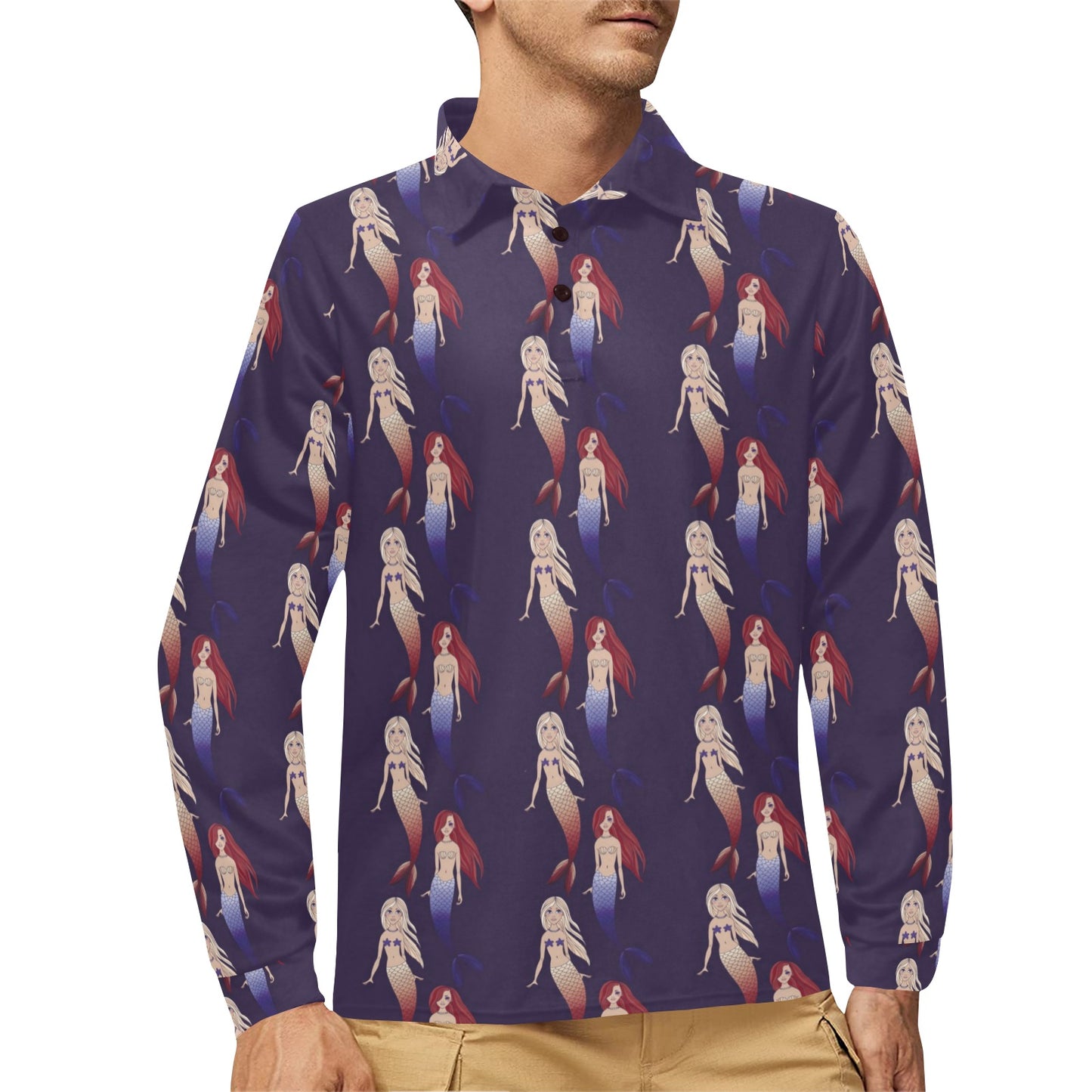 Mermaid Pattern Print Design 02 Long Sleeve Polo Shirt For Men's