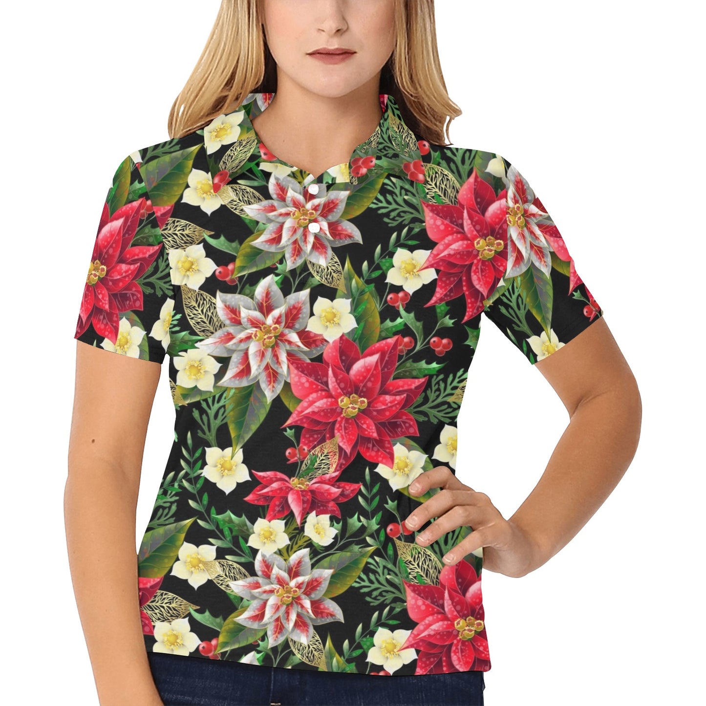 Poinsettia Pattern Print Design POT05 Women's Polo Shirt