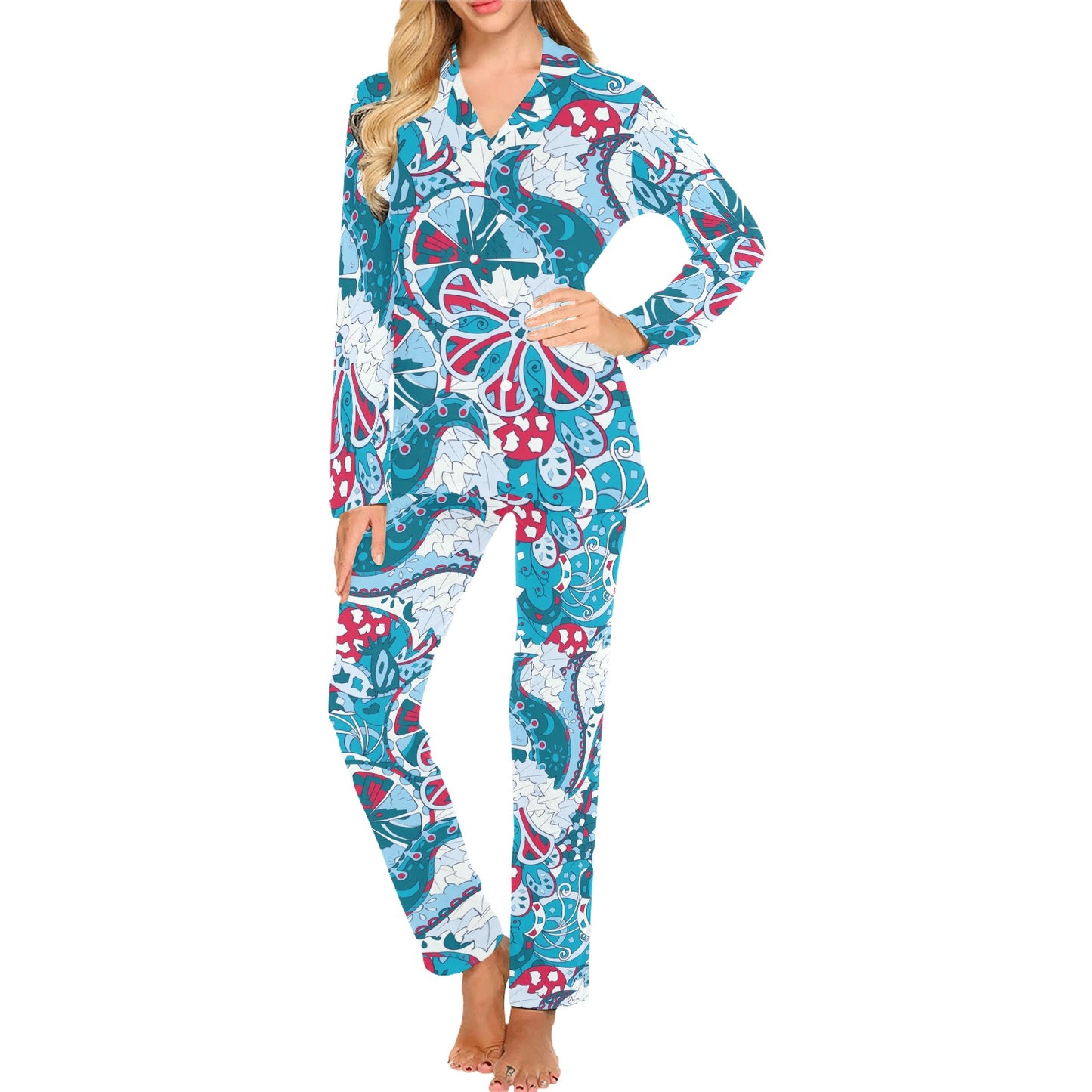 Funky Retro Pattern Print Design A05 Women's Long Pajama Set