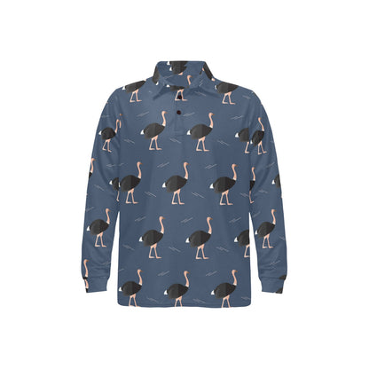 Ostrich Pattern Print Design 04 Long Sleeve Polo Shirt For Men's