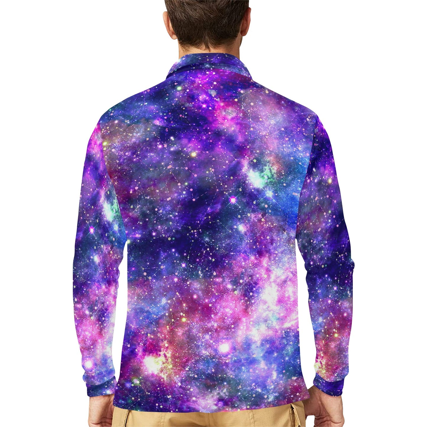 Galaxy Night Stardust Space Print Long Sleeve Polo Shirt For Men's