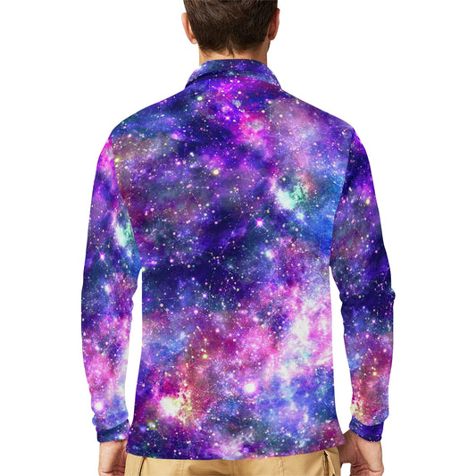 Galaxy Night Stardust Space Print Long Sleeve Polo Shirt For Men's
