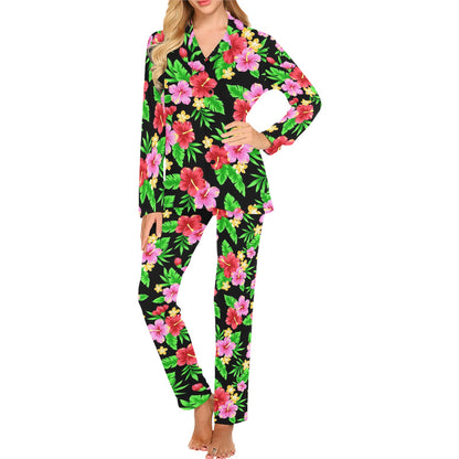 Pink Red Hibiscus Pattern Print Design HB023 Women's Long Pajama Set