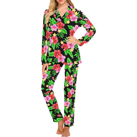 Pink Red Hibiscus Pattern Print Design HB023 Women's Long Pajama Set