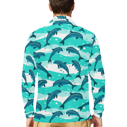 Dolphin Design Print Pattern Long Sleeve Polo Shirt For Men's