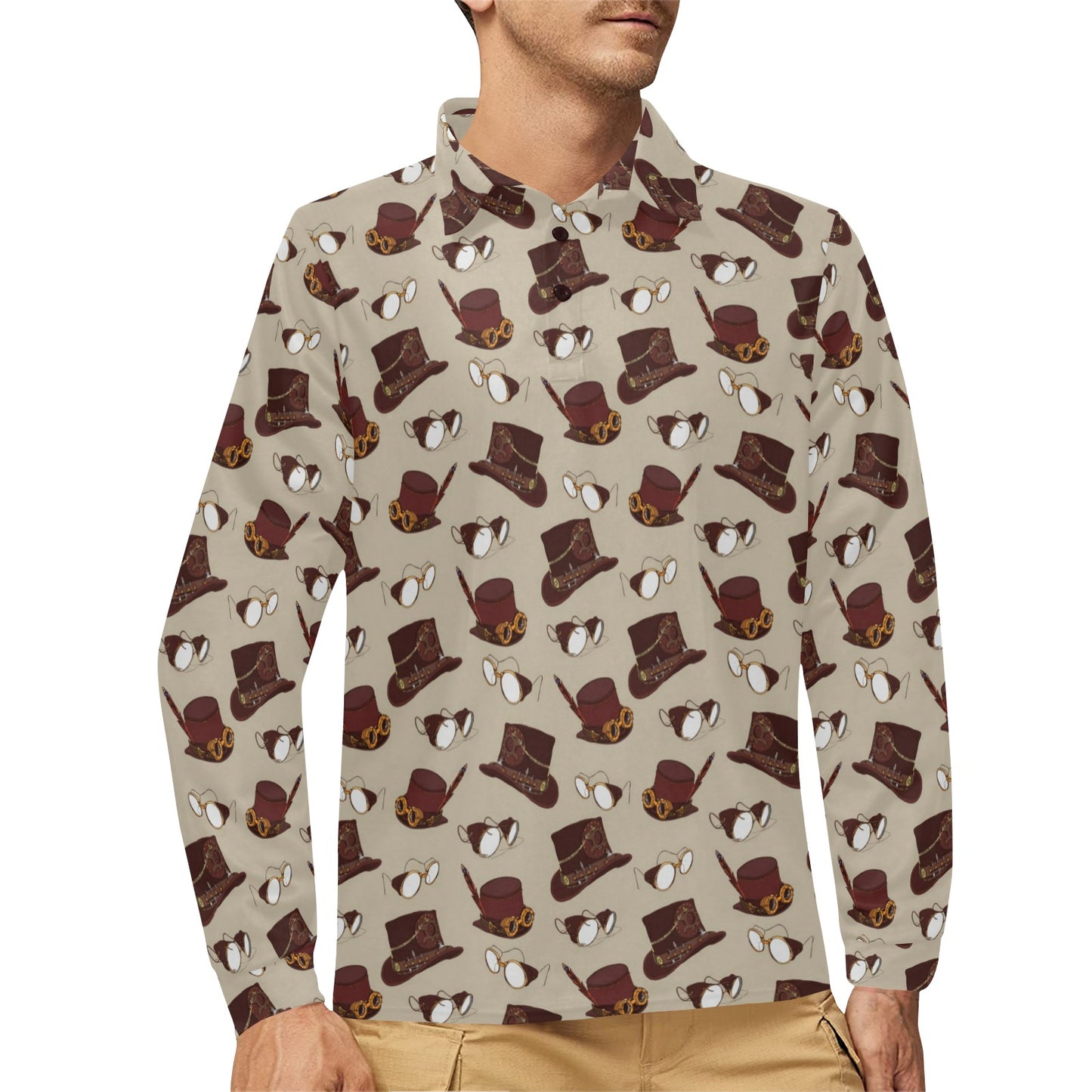 Steampunk Hat Print Design LKS301 Long Sleeve Polo Shirt For Men's