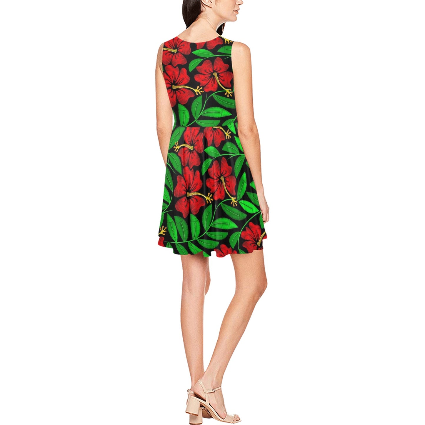 Red Hibiscus Embroidered Pattern Print Design HB032 Sleeveless Dress
