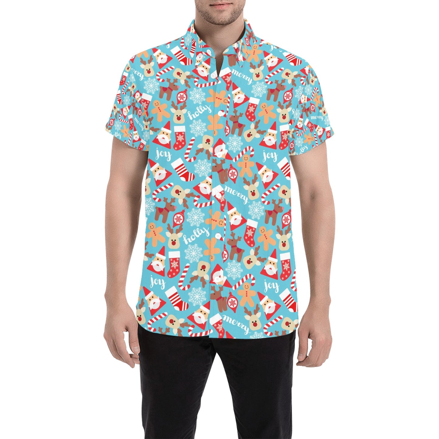 Santa Christmas Themed Print Design LKS306 Men Short Sleeve Button Up Shirt