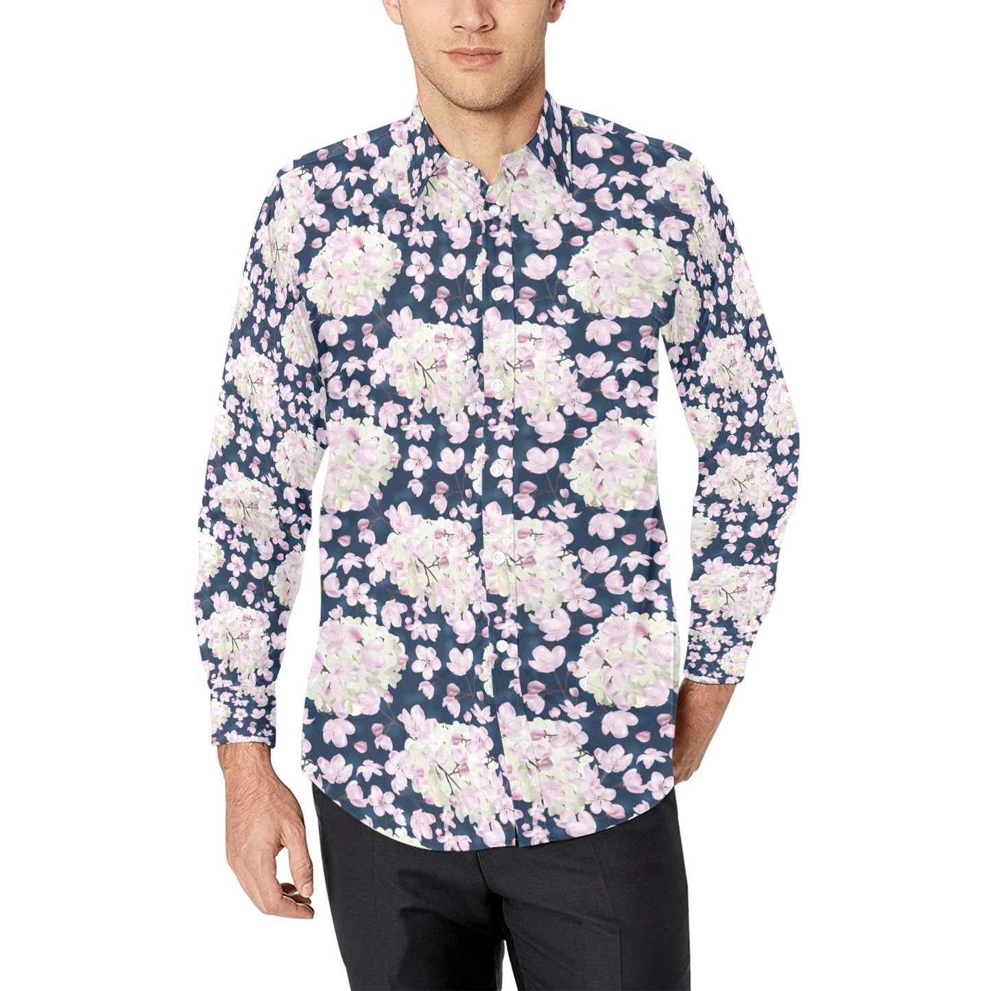 Sakura Print Design LKS305 Men's Long Sleeve Dress Shirt