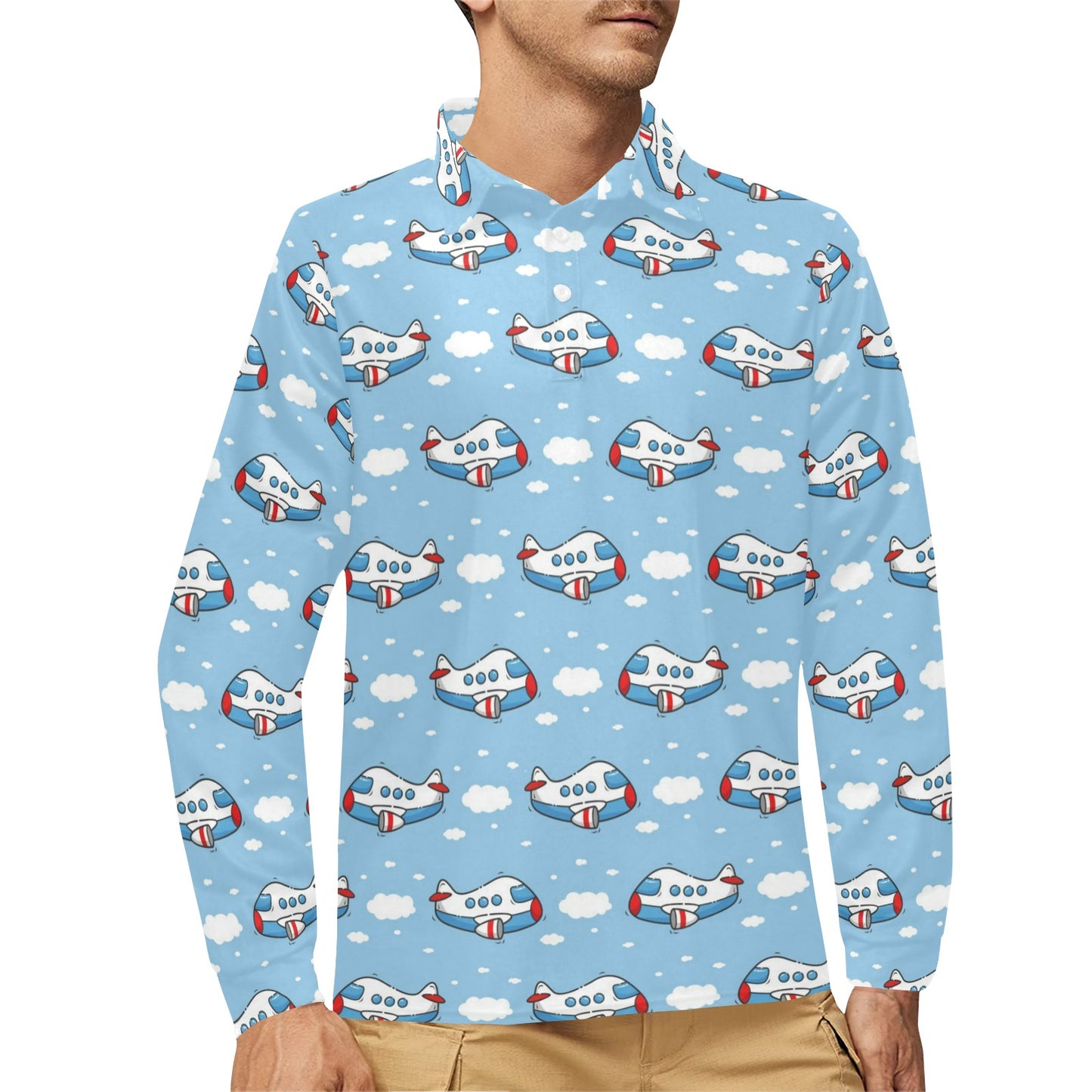 Airplane Cartoon Pattern Print Design 07 Long Sleeve Polo Shirt For Men's