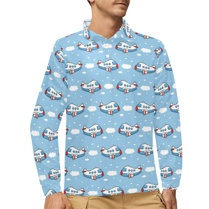 Airplane Cartoon Pattern Print Design 07 Long Sleeve Polo Shirt For Men's