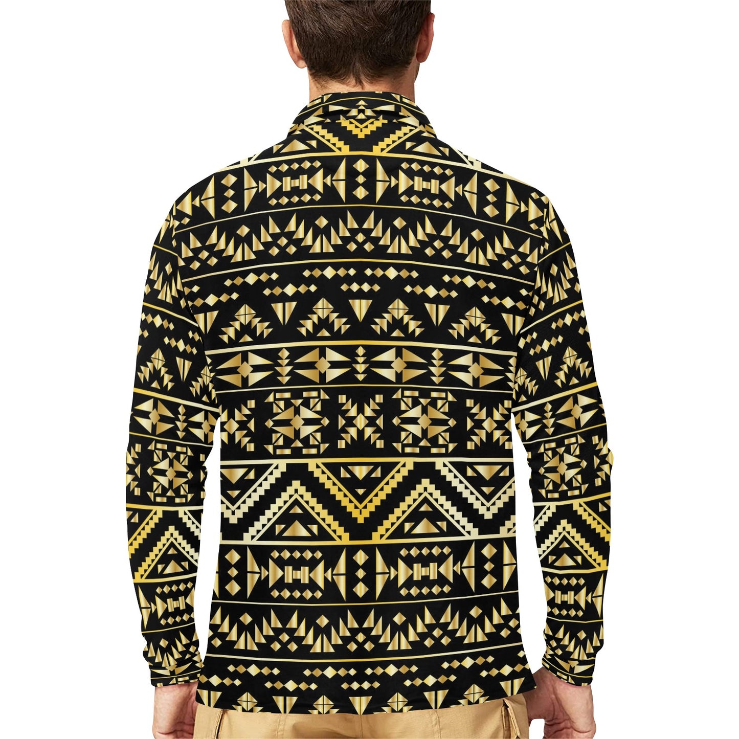 Gold Aztec Tribal Long Sleeve Polo Shirt For Men's