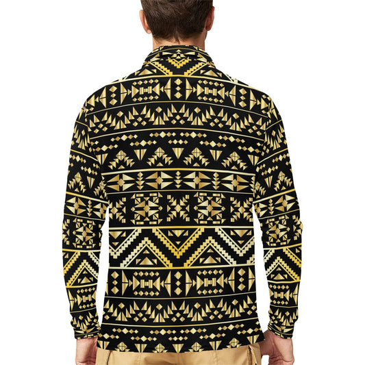 Gold Aztec Tribal Long Sleeve Polo Shirt For Men's