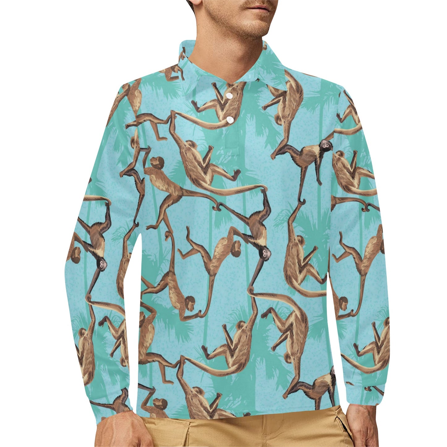 Monkey Pattern Print Design 04 Long Sleeve Polo Shirt For Men's
