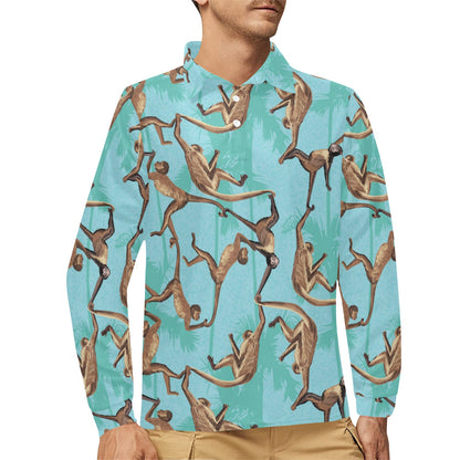Monkey Pattern Print Design 04 Long Sleeve Polo Shirt For Men's