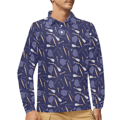 Cooking Kitchen Tools Pattern Print Design 04 Long Sleeve Polo Shirt For Men's