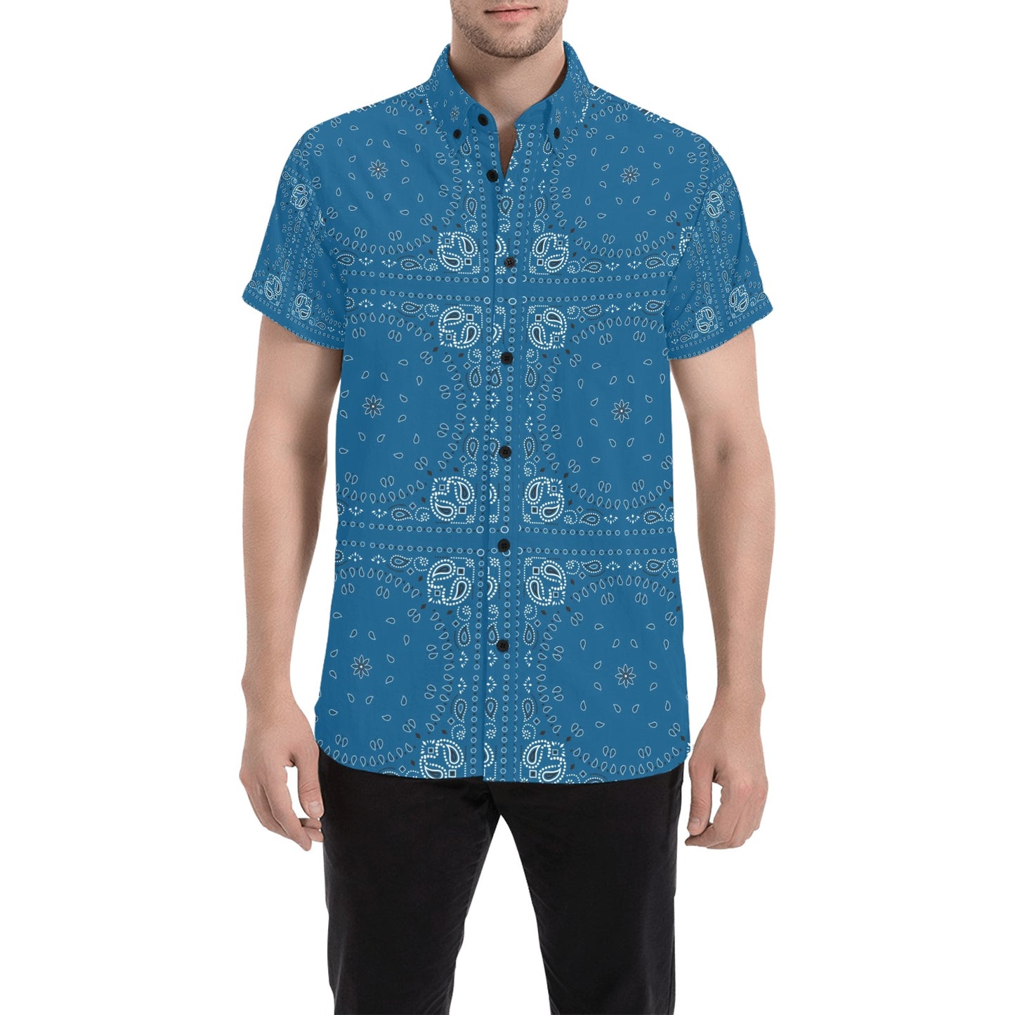 Bandana Blue Print Design LKS301 Men Short Sleeve Button Up Shirt
