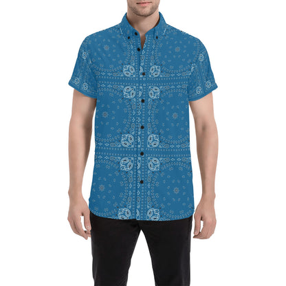 Bandana Blue Print Design LKS301 Men Short Sleeve Button Up Shirt
