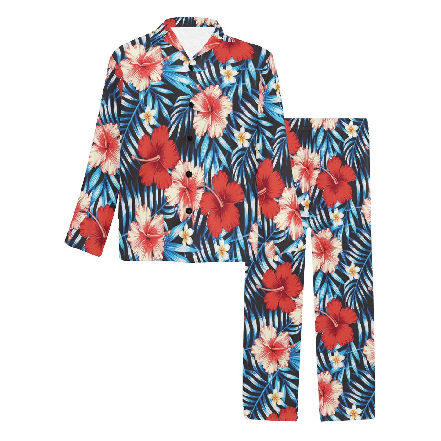 Red Hibiscus Blue Scene Men's Long Pajama Set