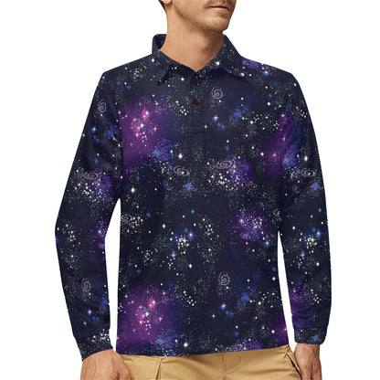 Cosmic Pattern Print Design 03 Long Sleeve Polo Shirt For Men's