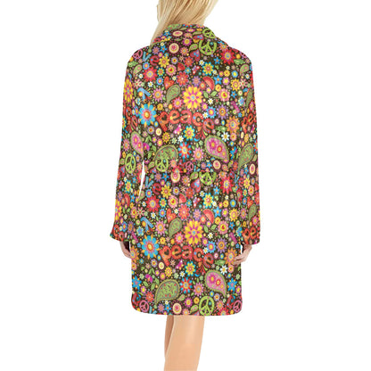 Flower Power Peace Paisley Themed Print Women's Fleece Robe