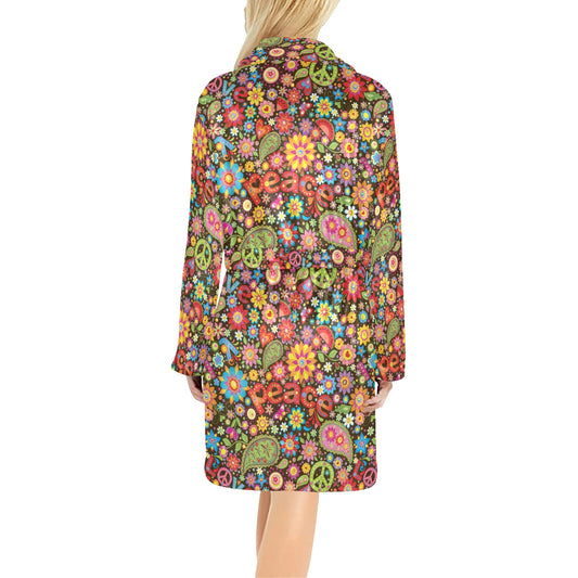 Flower Power Peace Paisley Themed Print Women's Fleece Robe