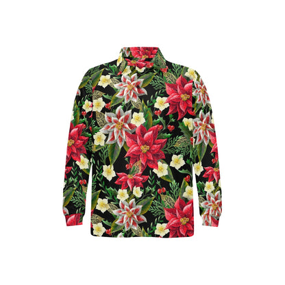 Poinsettia Pattern Print Design POT05 Long Sleeve Polo Shirt For Men's