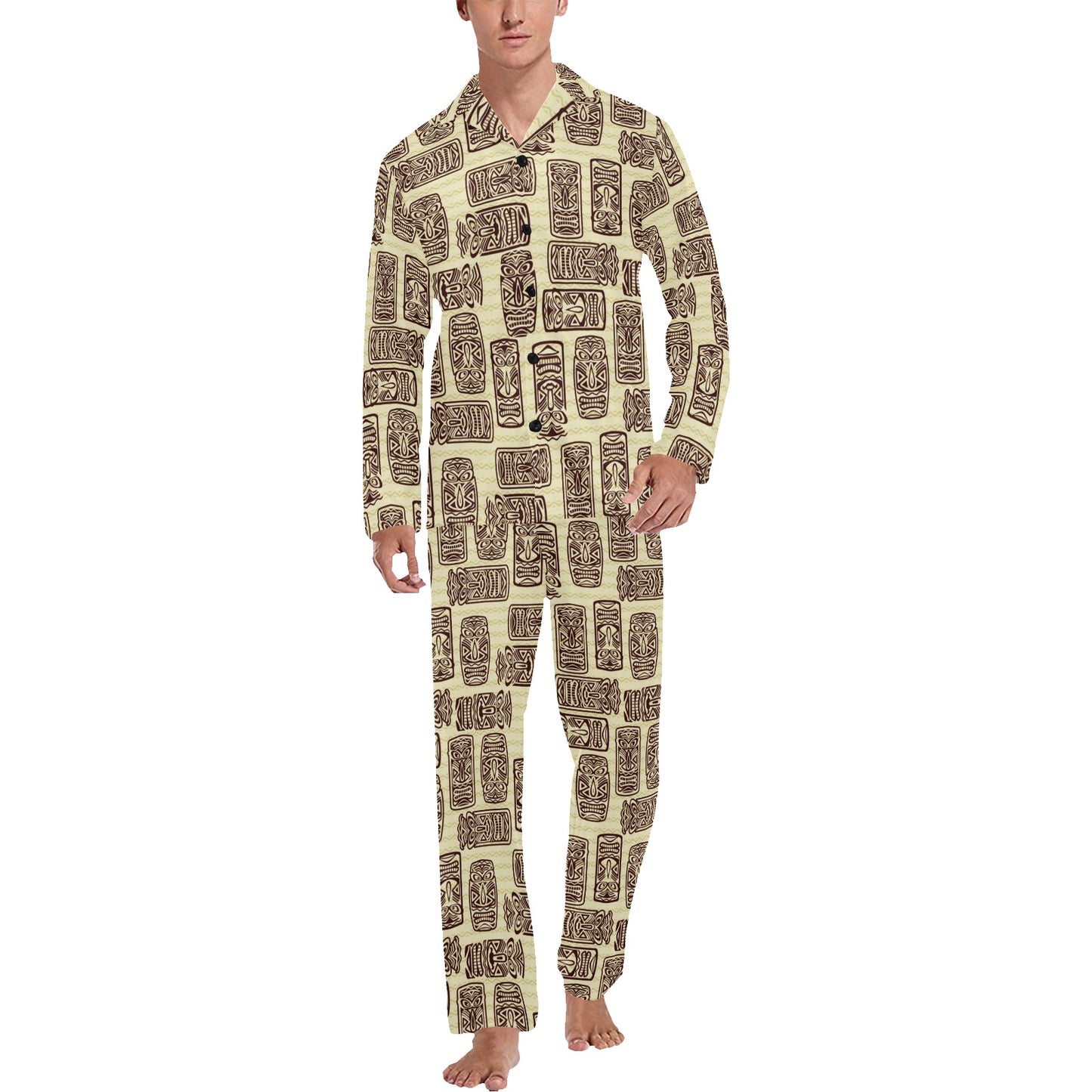 Tiki Brown Mask Print Men's Long Pajama Set