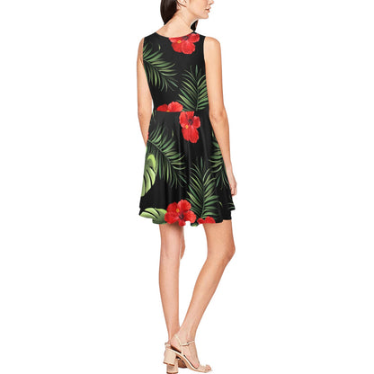 Red Hibiscus Tropical Sleeveless Dress