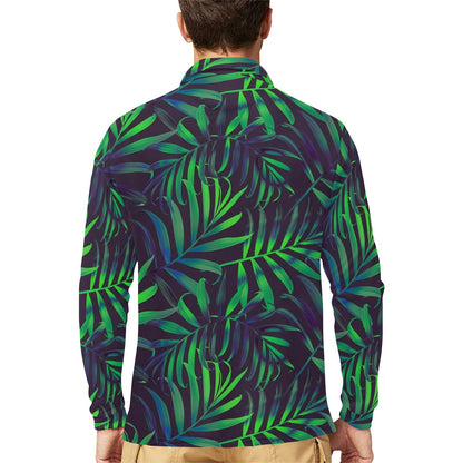 Palm Leaves Pattern Print Design PL01 Long Sleeve Polo Shirt For Men's