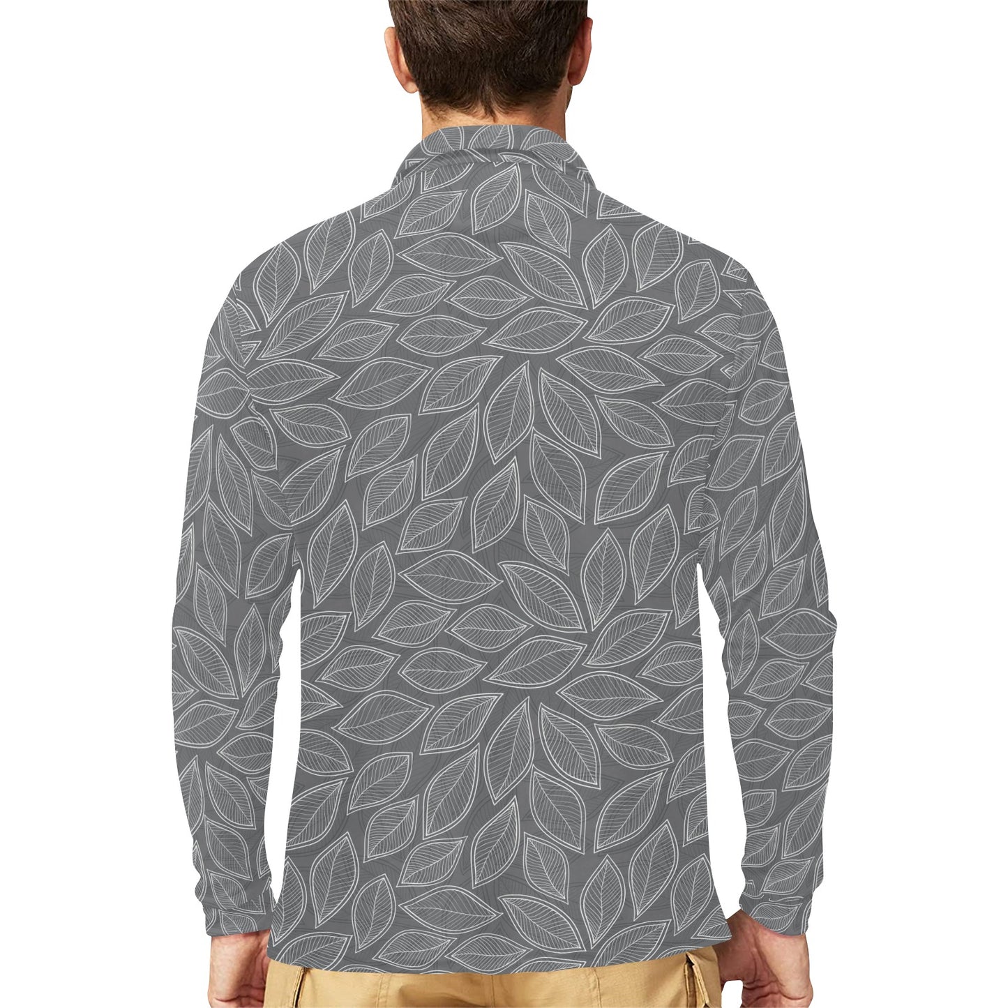 Elm Leave Grey Print Pattern Long Sleeve Polo Shirt For Men's